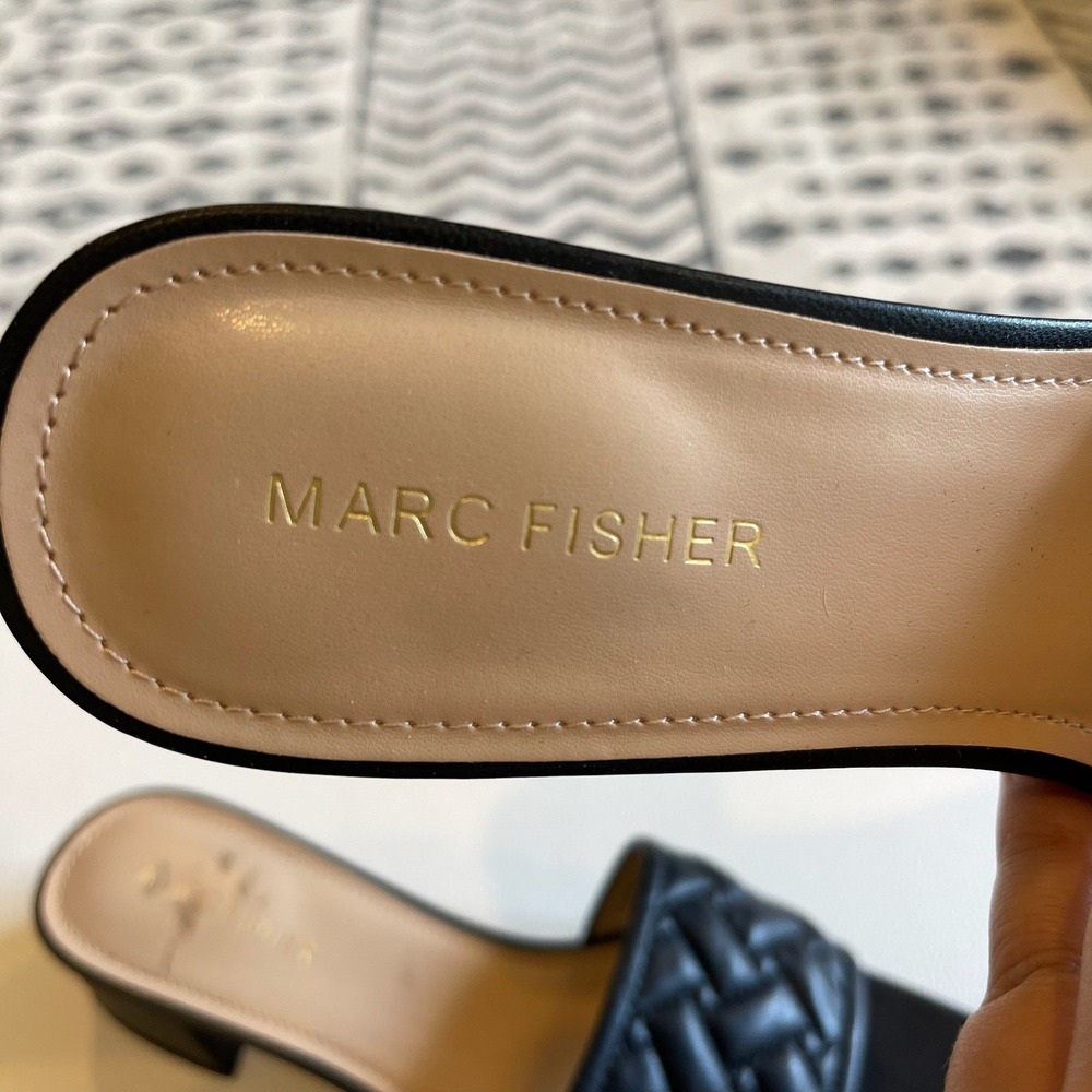 Marc Fisher Black Quilted Woven Square Toe Block Heel Slide Sandals Mens 8.5M - Picture 2 of 7